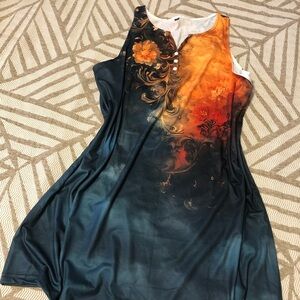 Sleeveless Dress with Orange and Blue Floral Design